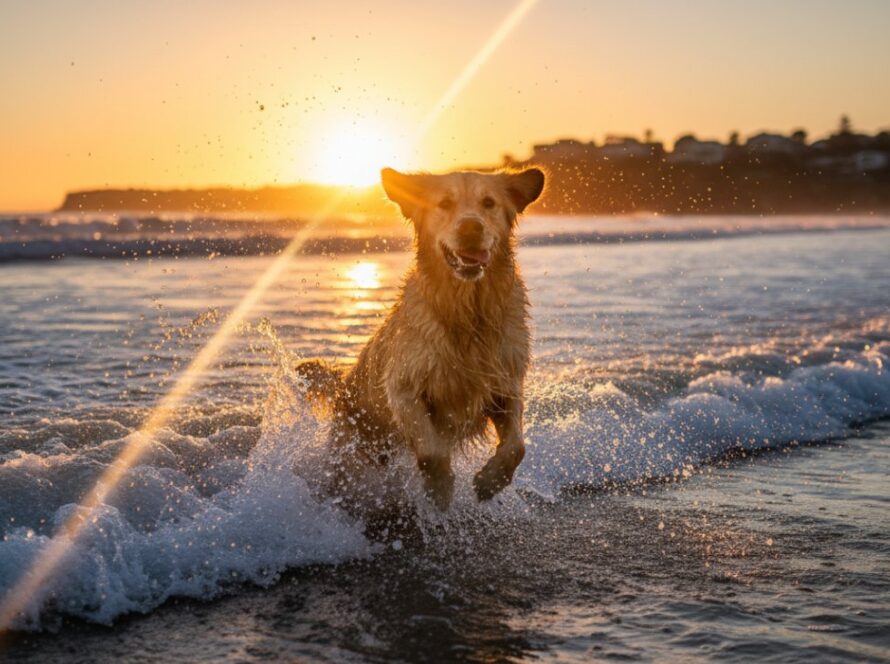 An epic moment of a golden retriever joyfully leaping through the shallow waves on Mount Martha beach at sunset, creating beautiful Mount Martha beach pet photography memories, with the warm golden light reflecting on its fur and the water spray.