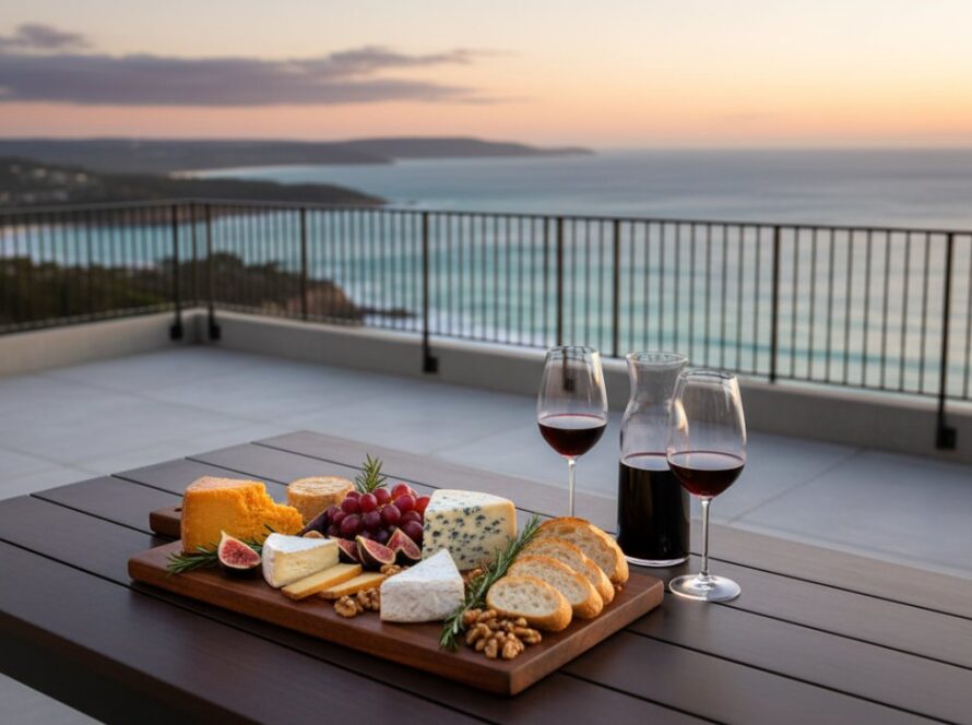 An epic moment of Mount Martha bespoke advertising photography, featuring a dynamic shot of a local artisanal product displayed on a rustic timber table at sunset, overlooking the sparkling waters of Port Phillip Bay, capturing a sense of sophisticated, natural elegance.