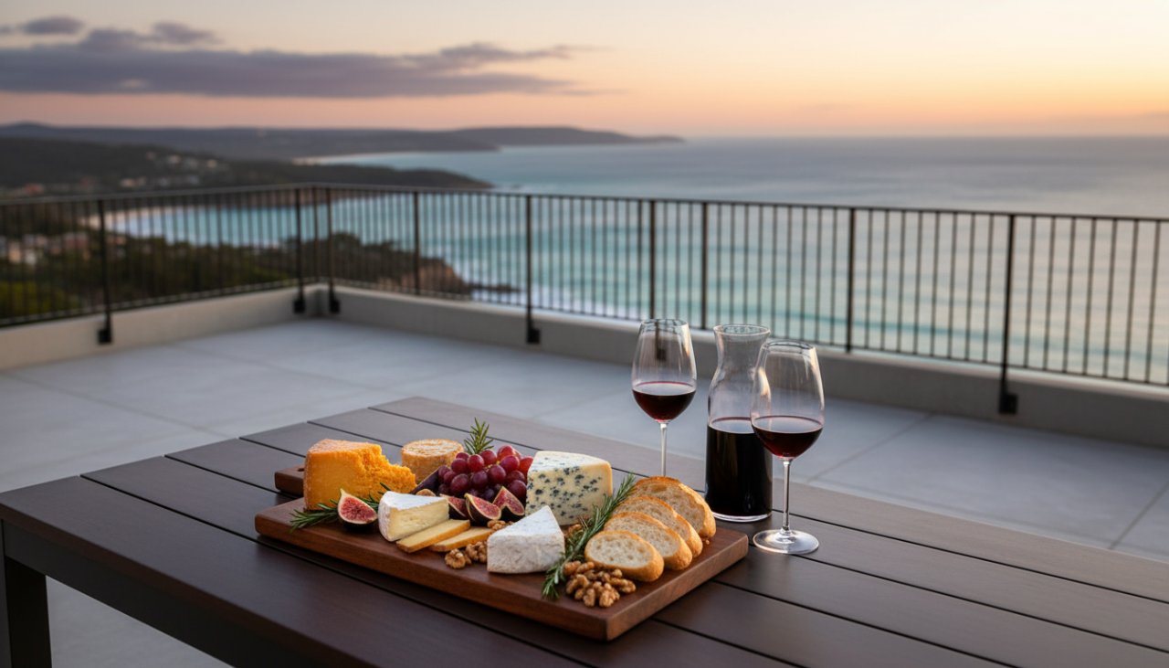 An epic moment of Mount Martha bespoke advertising photography, featuring a dynamic shot of a local artisanal product displayed on a rustic timber table at sunset, overlooking the sparkling waters of Port Phillip Bay, capturing a sense of sophisticated, natural elegance.