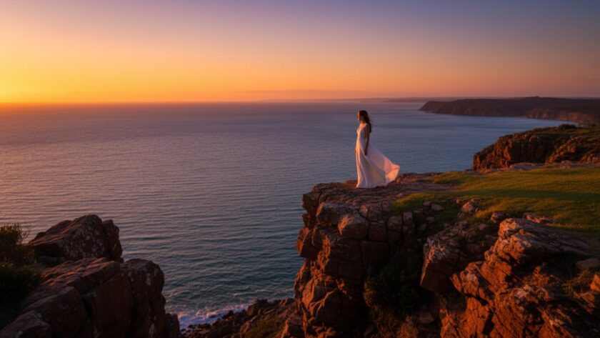 A majestic shot capturing Mount Martha bespoke fine art photography portraits: a lone figure standing powerfully against a dramatic sunset over the ocean, reflecting deep contemplation and artistic expression.