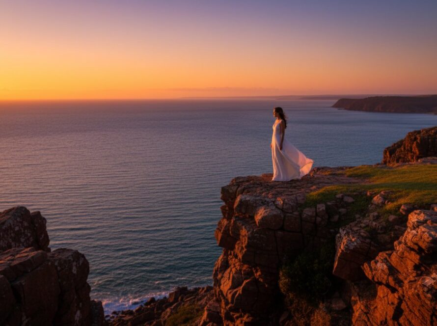 A majestic shot capturing Mount Martha bespoke fine art photography portraits: a lone figure standing powerfully against a dramatic sunset over the ocean, reflecting deep contemplation and artistic expression.