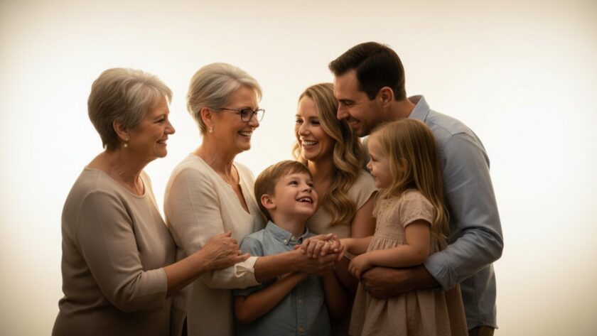 An intimate and emotionally resonant Mount Martha bespoke studio portrait photography session, capturing a multi-generational family's joyful embrace against a soft, ethereal backdrop, bathed in warm, cinematic light.