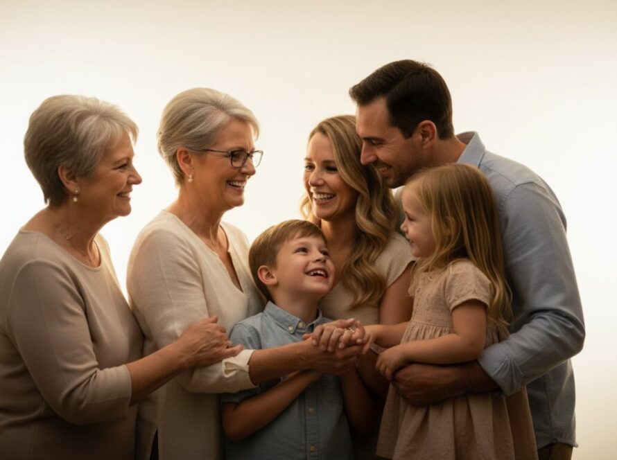 An intimate and emotionally resonant Mount Martha bespoke studio portrait photography session, capturing a multi-generational family's joyful embrace against a soft, ethereal backdrop, bathed in warm, cinematic light.