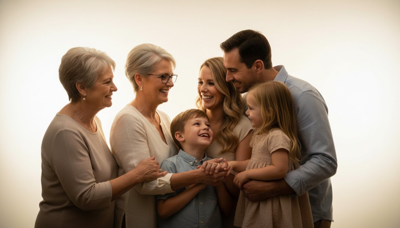 An intimate and emotionally resonant Mount Martha bespoke studio portrait photography session, capturing a multi-generational family's joyful embrace against a soft, ethereal backdrop, bathed in warm, cinematic light.