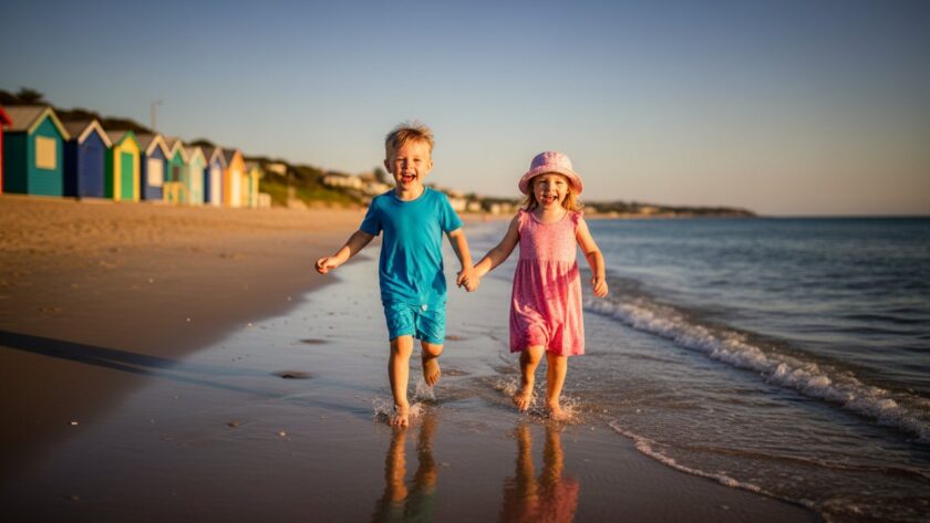 An epic moment of pure joy captured through Mount Martha candid beach kids photography, featuring two children laughing as they splash in the shallow waves at sunset, with the iconic Mount Martha coastline in the background, warm golden light, and water droplets frozen in motion.