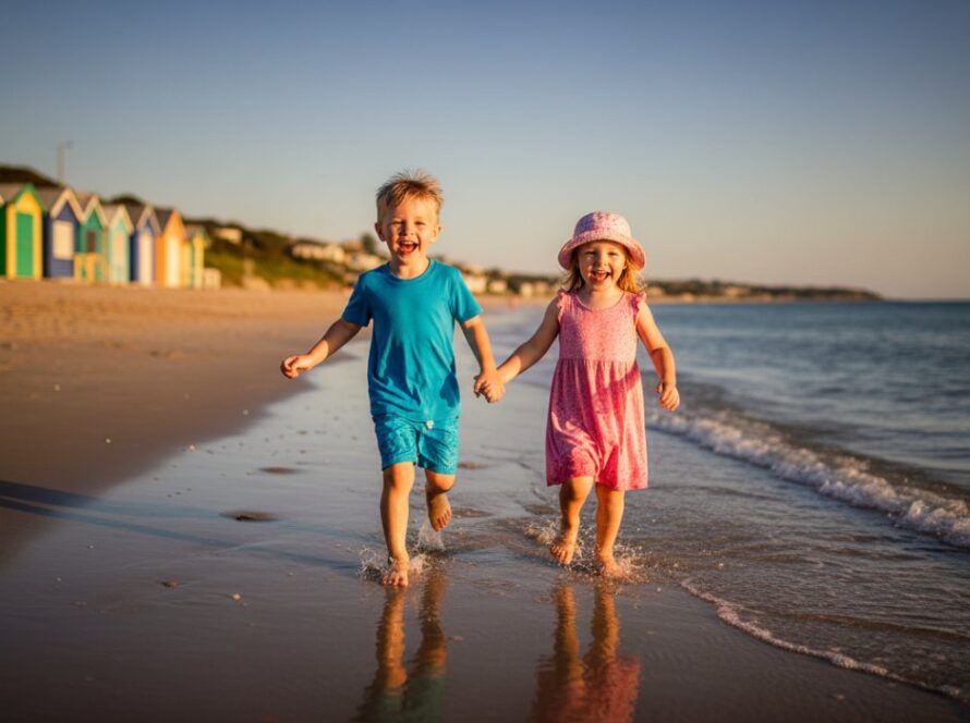 An epic moment of pure joy captured through Mount Martha candid beach kids photography, featuring two children laughing as they splash in the shallow waves at sunset, with the iconic Mount Martha coastline in the background, warm golden light, and water droplets frozen in motion.