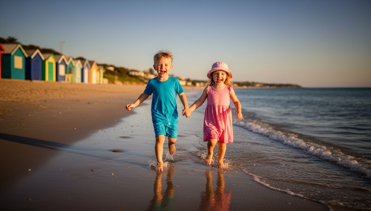 An epic moment of pure joy captured through Mount Martha candid beach kids photography, featuring two children laughing as they splash in the shallow waves at sunset, with the iconic Mount Martha coastline in the background, warm golden light, and water droplets frozen in motion.