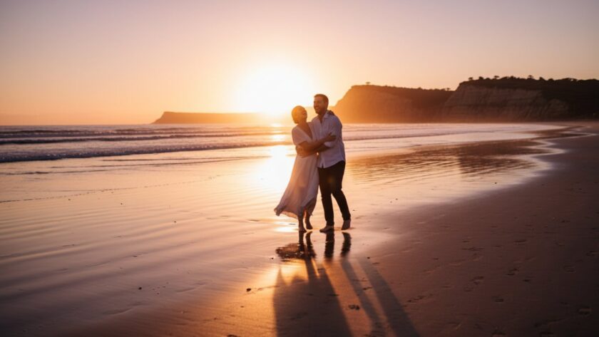 An intimate and joyful candid moment of a couple laughing on the Mount Martha beach at sunset, with golden light reflecting on the water, perfectly encapsulating Mount Martha Candid Photography Authentic Storytelling.