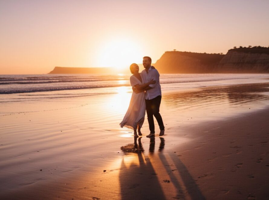 An intimate and joyful candid moment of a couple laughing on the Mount Martha beach at sunset, with golden light reflecting on the water, perfectly encapsulating Mount Martha Candid Photography Authentic Storytelling.