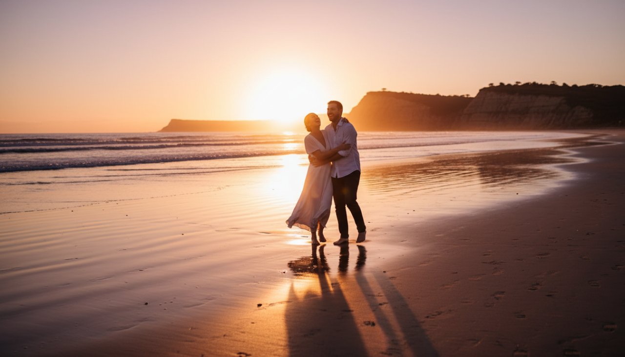 An intimate and joyful candid moment of a couple laughing on the Mount Martha beach at sunset, with golden light reflecting on the water, perfectly encapsulating Mount Martha Candid Photography Authentic Storytelling.