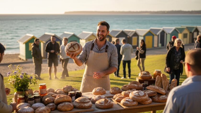 An epic, cinematic shot showcasing a vibrant Mount Martha commercial branding photography session, with a local entrepreneur confidently presenting their artisan product against the backdrop of a sun-drenched coastal landscape at sunrise, capturing the essence of their brand and the stunning local environment.