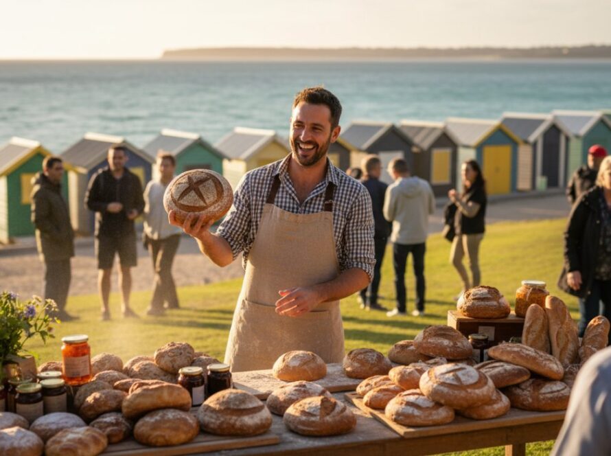 An epic, cinematic shot showcasing a vibrant Mount Martha commercial branding photography session, with a local entrepreneur confidently presenting their artisan product against the backdrop of a sun-drenched coastal landscape at sunrise, capturing the essence of their brand and the stunning local environment.