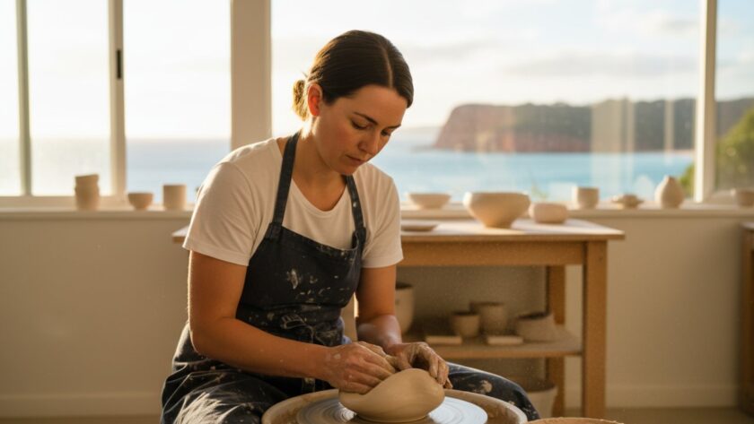 A dynamic editorial photograph showcasing a local artisan at work in their pottery studio overlooking the stunning Mount Martha coastline, capturing the essence of Mount Martha editorial photography for compelling visual stories, with natural light highlighting intricate details and the artist's focused expression.
