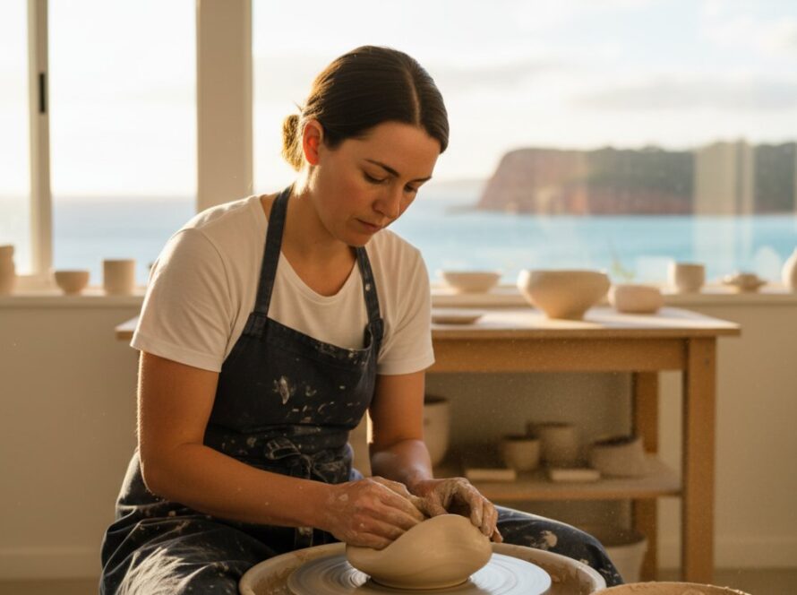 A dynamic editorial photograph showcasing a local artisan at work in their pottery studio overlooking the stunning Mount Martha coastline, capturing the essence of Mount Martha editorial photography for compelling visual stories, with natural light highlighting intricate details and the artist's focused expression.