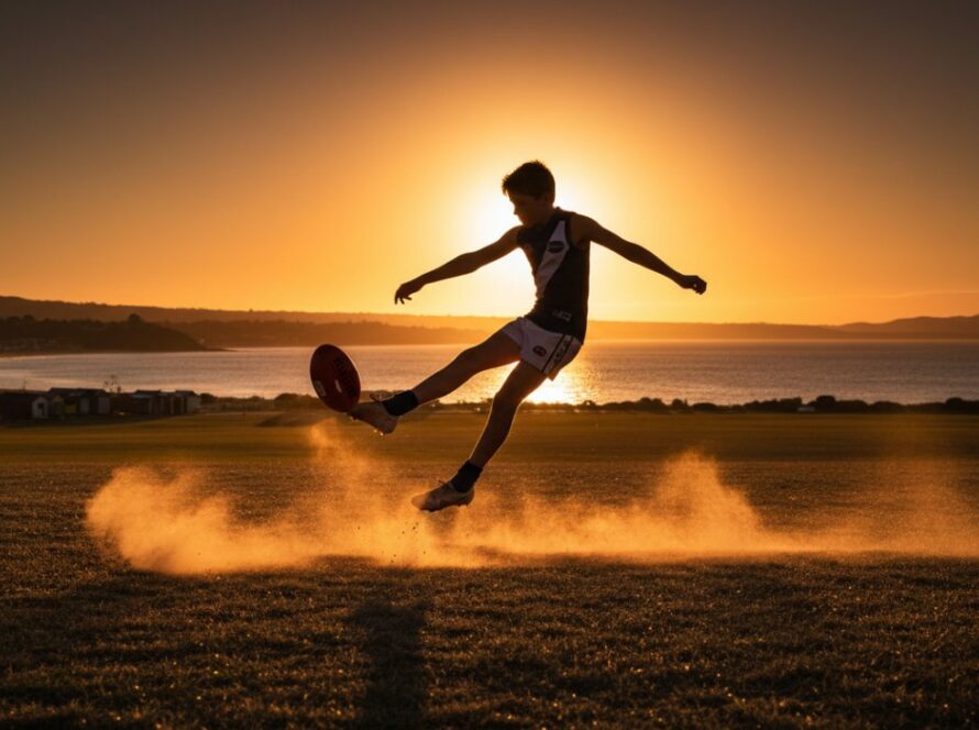 An epic moment in Mount Martha junior football photography, capturing a young athlete scoring a goal with intense focus and joy, sun setting over the Mornington Peninsula.
