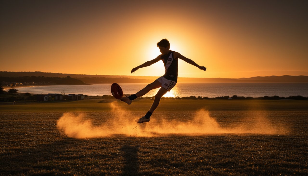An epic moment in Mount Martha junior football photography, capturing a young athlete scoring a goal with intense focus and joy, sun setting over the Mornington Peninsula.