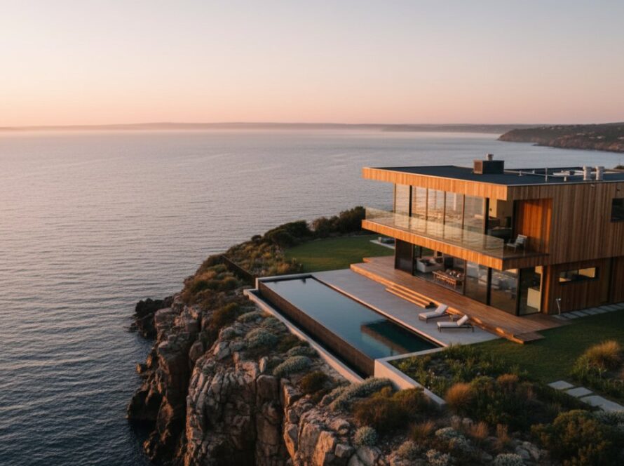 An aerial, cinematic shot showcasing the clean lines and expansive ocean views of a modern, luxury home in Mount Martha, bathed in golden hour light, perfect for Mount Martha luxury home architecture photography portfolio. The infinity pool reflects the sky, with the Mornington Peninsula coastline in the background.