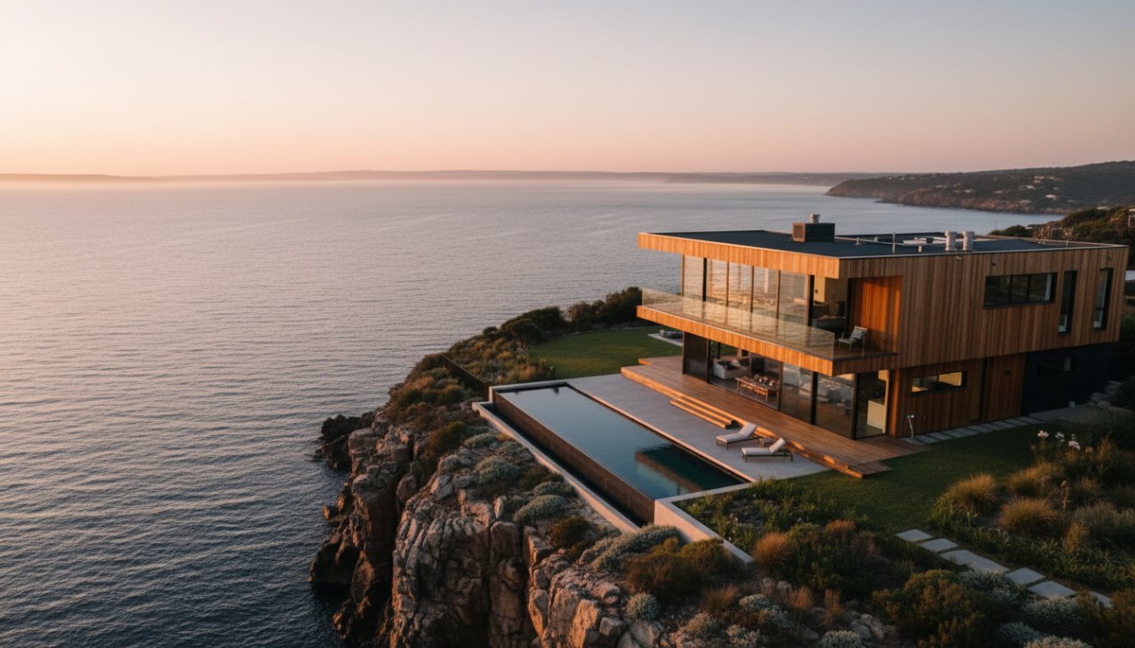 An aerial, cinematic shot showcasing the clean lines and expansive ocean views of a modern, luxury home in Mount Martha, bathed in golden hour light, perfect for Mount Martha luxury home architecture photography portfolio. The infinity pool reflects the sky, with the Mornington Peninsula coastline in the background.