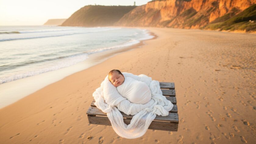 An artistic aerial shot showcasing Mount Martha newborn photography cherished memories, with a baby swaddled in soft white fabric, gently posed on a rustic wooden blanket near the calm turquoise waters of Mount Martha Beach at sunrise, bathed in golden light, capturing a serene and epic moment.