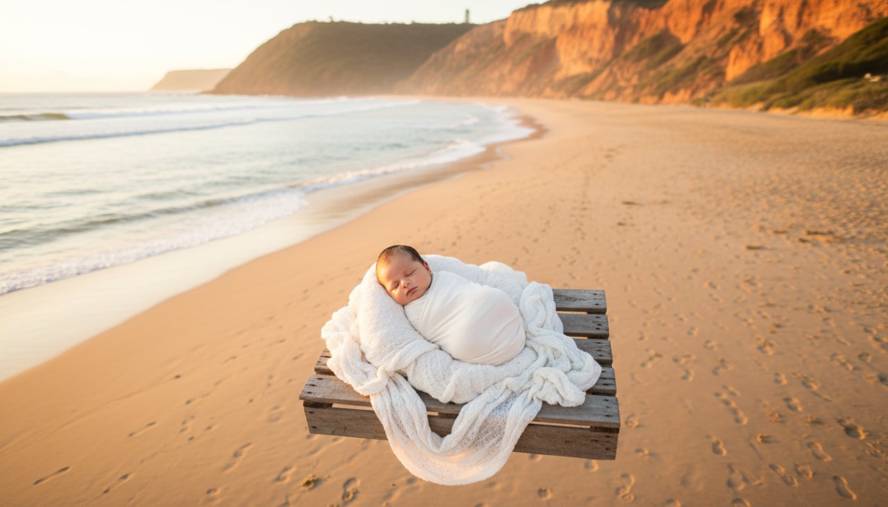 An artistic aerial shot showcasing Mount Martha newborn photography cherished memories, with a baby swaddled in soft white fabric, gently posed on a rustic wooden blanket near the calm turquoise waters of Mount Martha Beach at sunrise, bathed in golden light, capturing a serene and epic moment.