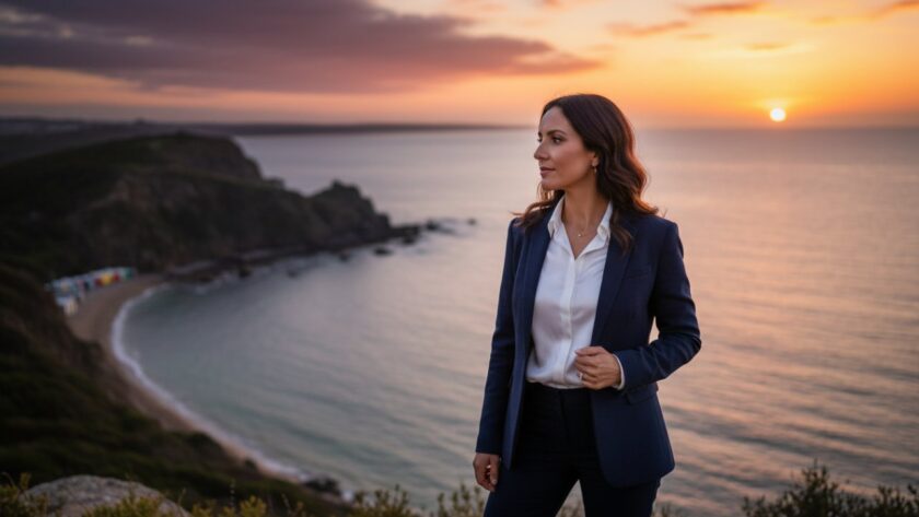 A powerful Mount Martha professional headshots with stunning bay views portrait, featuring a confident business professional silhouetted against a dramatic sunset over Port Phillip Bay, with soft, golden light highlighting their profile and the iconic Mount Martha beach boxes in the background, conveying ambition and tranquility.