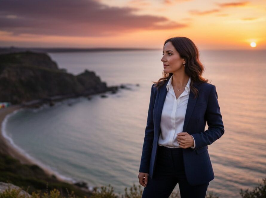 A powerful Mount Martha professional headshots with stunning bay views portrait, featuring a confident business professional silhouetted against a dramatic sunset over Port Phillip Bay, with soft, golden light highlighting their profile and the iconic Mount Martha beach boxes in the background, conveying ambition and tranquility.