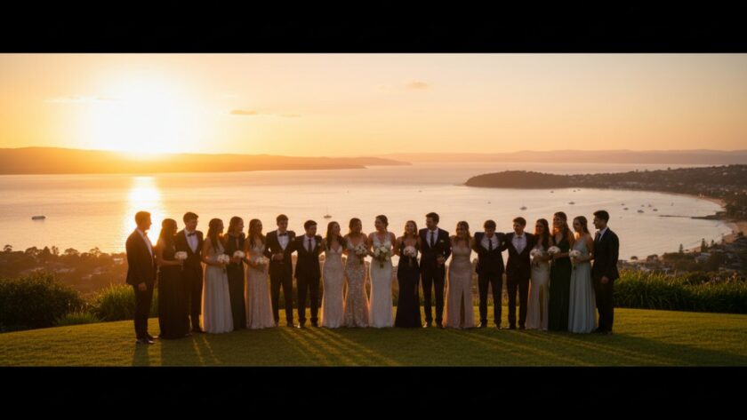 A group of elegantly dressed high school students from Mount Martha beaming with Mount Martha school formal photography joy, silhouetted against a stunning sunset over Port Phillip Bay during their formal event, capturing a truly epic and unforgettable moment.