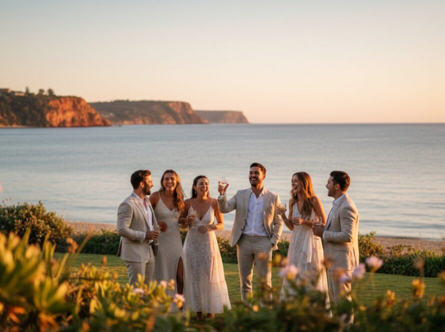 An ecstatic group of friends dancing joyously at a sunset beach party, with the vibrant colours of a Mount Martha sunset reflecting on the water, perfectly encapsulating Mount Martha vibrant party photography for unforgettable celebrations.