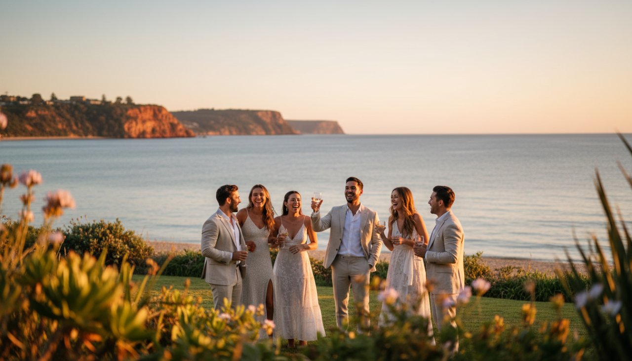 An ecstatic group of friends dancing joyously at a sunset beach party, with the vibrant colours of a Mount Martha sunset reflecting on the water, perfectly encapsulating Mount Martha vibrant party photography for unforgettable celebrations.