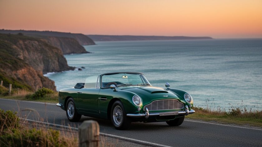 A sleek, classic red convertible sports car parked on a clifftop road in Mount Martha, overlooking the glistening turquoise waters of Port Phillip Bay at sunset, with golden light catching its polished chrome details, embodying the essence of Mount Martha's scenic coastal car photography.