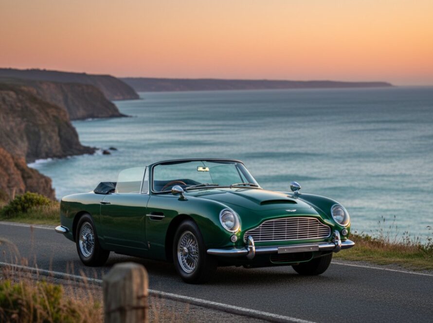 A sleek, classic red convertible sports car parked on a clifftop road in Mount Martha, overlooking the glistening turquoise waters of Port Phillip Bay at sunset, with golden light catching its polished chrome details, embodying the essence of Mount Martha's scenic coastal car photography.