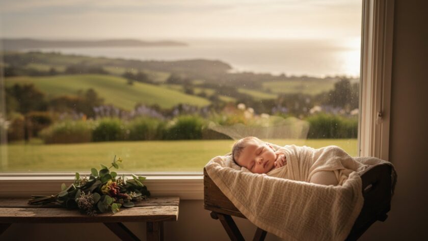 An exquisite, golden hour photograph capturing a peacefully sleeping baby swaddled in soft linen amidst a natural, rustic Mornington Peninsula setting, highlighting the delicate beauty of natural newborn photography Mornington Peninsula.