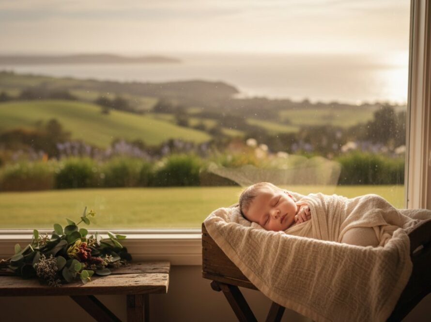 An exquisite, golden hour photograph capturing a peacefully sleeping baby swaddled in soft linen amidst a natural, rustic Mornington Peninsula setting, highlighting the delicate beauty of natural newborn photography Mornington Peninsula.