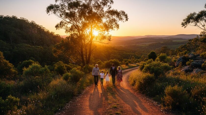 An overjoyed family of four, parents and two children, laughing and embracing at sunset amidst the lush bushland of Tremont, showcasing authentic natural Tremont family portraits Victoria with golden light filtering through the trees, creating an epic moment.