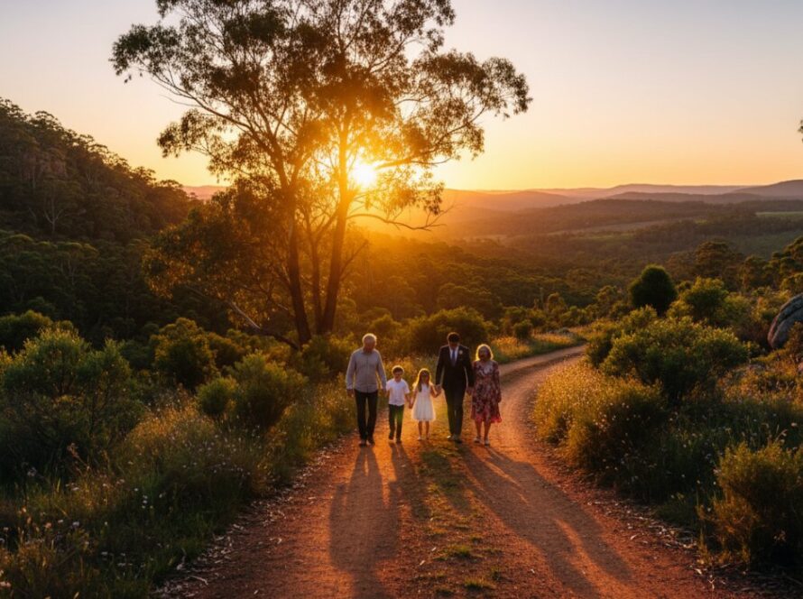 An overjoyed family of four, parents and two children, laughing and embracing at sunset amidst the lush bushland of Tremont, showcasing authentic natural Tremont family portraits Victoria with golden light filtering through the trees, creating an epic moment.