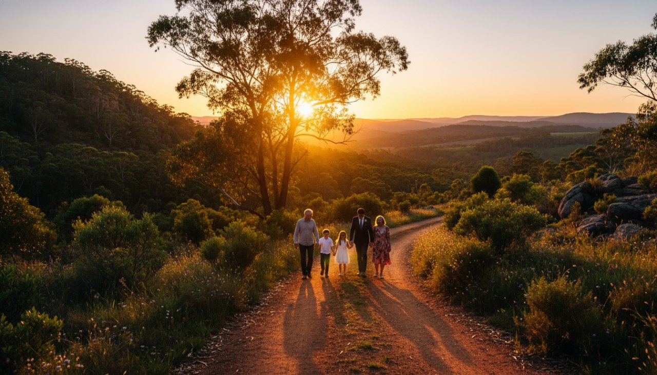 An overjoyed family of four, parents and two children, laughing and embracing at sunset amidst the lush bushland of Tremont, showcasing authentic natural Tremont family portraits Victoria with golden light filtering through the trees, creating an epic moment.