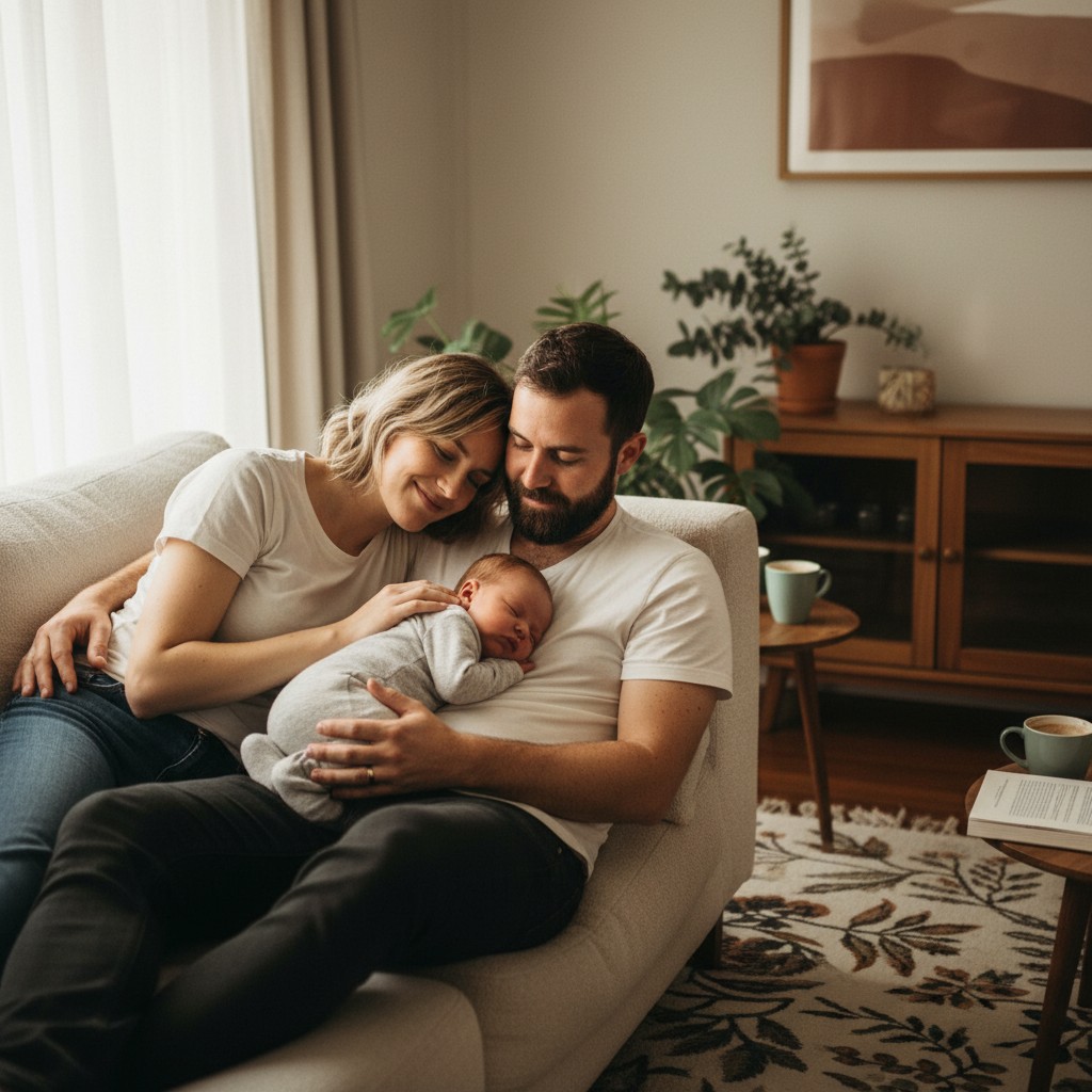 A candid, natural photograph of an Australian family (mother, father, and newborn baby) sharing a quiet, loving moment on a comfortable sofa in their home. Soft, natural light streams through a window, highlighting their relaxed interaction. The baby is peacefully nestled between the parents, emphasizing the natural, unposed family bond in an authentic Australian home setting. High-quality photograph, no text.
