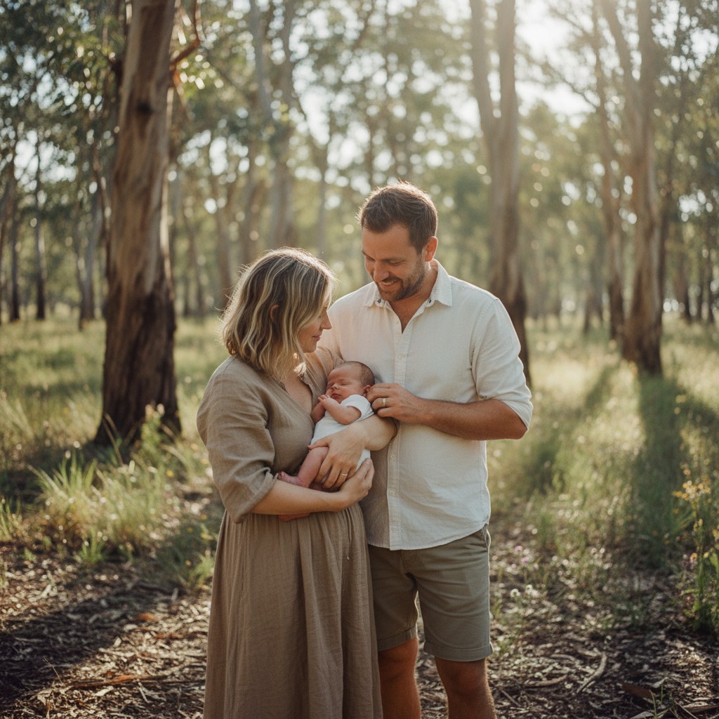A candid, high-quality photograph of an Australian family (mother, father, and newborn baby) enjoying a relaxed moment in a natural, sun-drenched Australian bushland setting, perhaps with eucalyptus trees in the soft background. The focus is on their loving interaction and connection, showcasing a lifestyle photography approach.