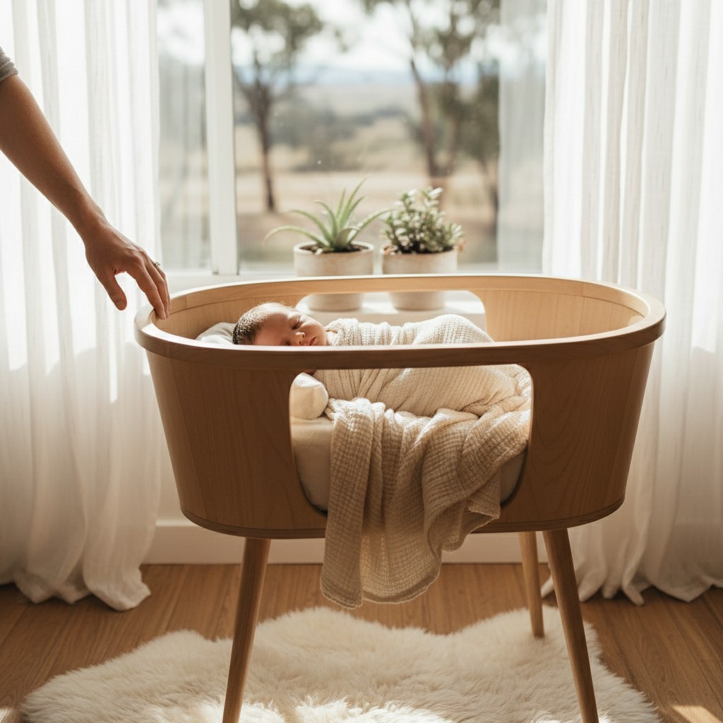A realistic, high-quality photograph showing a peacefully sleeping newborn baby, safely swaddled in soft, neutral-toned fabric, nestled in a simple, elegant wooden bassinet. The bassinet is positioned near a large window, allowing abundant, soft, natural Australian light to illuminate the scene. A watchful parent's hand gently rests on the edge of the bassinet, emphasizing comfort and safety. Focus on natural textures and a calm, protective atmosphere.