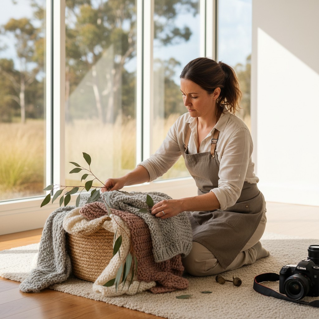 A professional female photographer, in her 30s-40s, is carefully arranging delicate, hand-knitted Australian merino wool blankets and native eucalyptus leaves around a prop basket in a beautifully sunlit, modern studio. The studio has large windows overlooking a subtle, natural Australian bushland backdrop (blurred). She is focused on the details, showcasing the care and quality of props and setting in newborn photography. Realistic, high-quality photograph.