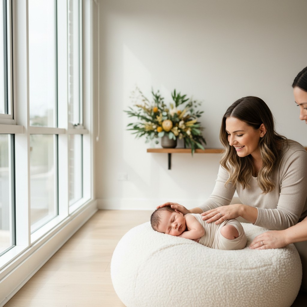 A professional newborn photographer in a modern, well-lit studio, demonstrating safe posing techniques with a newborn on a soft, neutral-toned beanbag. The studio features large windows allowing natural light to stream in, and a subtle Australian native flora arrangement in the background, adding a touch of local aesthetic without distracting from the main subject. The photographer is gently adjusting the baby, with a parent or assistant subtly present in the shot as a spotter. Realistic, high-quality photograph, no text.