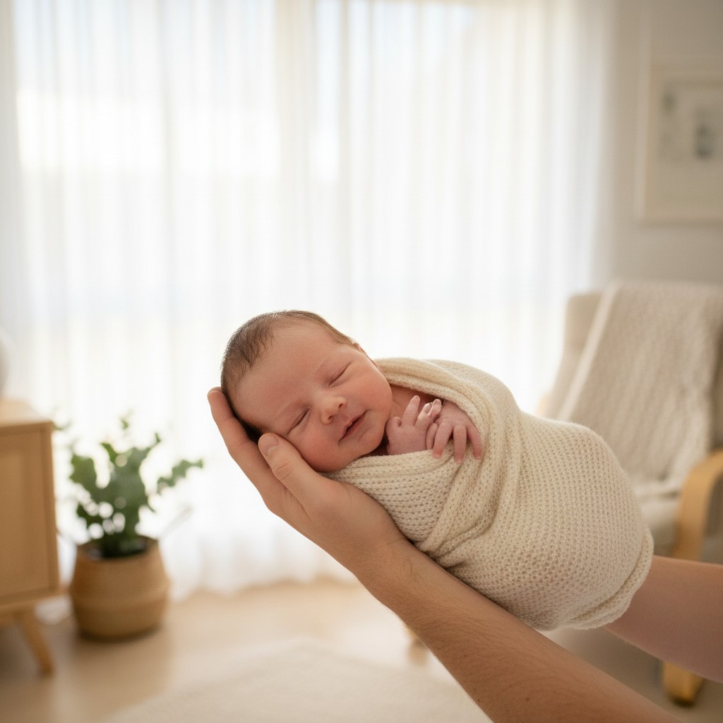 A high-quality, realistic photograph of a newborn baby being gently held by a parent's hands, with a subtly blurred background featuring a bright, airy Australian home interior with natural light filtering through sheer curtains. Focus on the loving interaction and the baby's tiny features. No text.