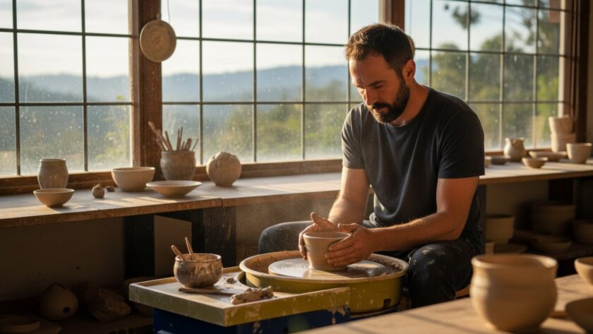 An epic moment captured in Olinda advertising photography for authentic brand stories, showing a local artisan passionately crafting pottery with natural light filtering through the studio, surrounded by the lush Dandenong Ranges foliage in the background, conveying dedication and authenticity.