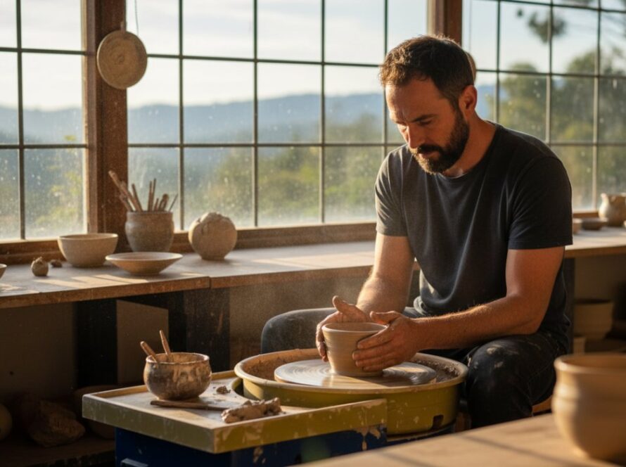 An epic moment captured in Olinda advertising photography for authentic brand stories, showing a local artisan passionately crafting pottery with natural light filtering through the studio, surrounded by the lush Dandenong Ranges foliage in the background, conveying dedication and authenticity.