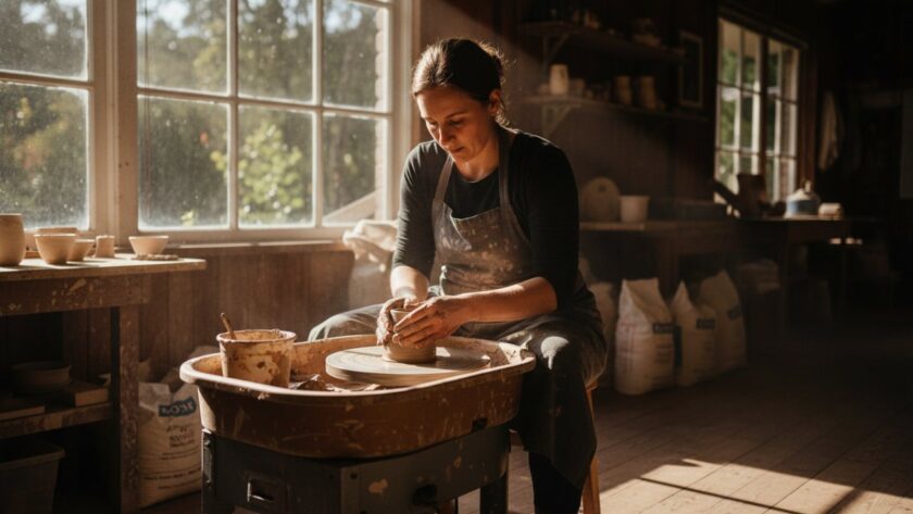An Olinda bespoke branding photography small businesses hero shot, featuring a local artisan passionately crafting pottery in their studio, sunlight streaming through a window illuminating their focused hands and the textured clay, with lush Dandenong Ranges greenery visible outside, conveying dedication and authenticity.