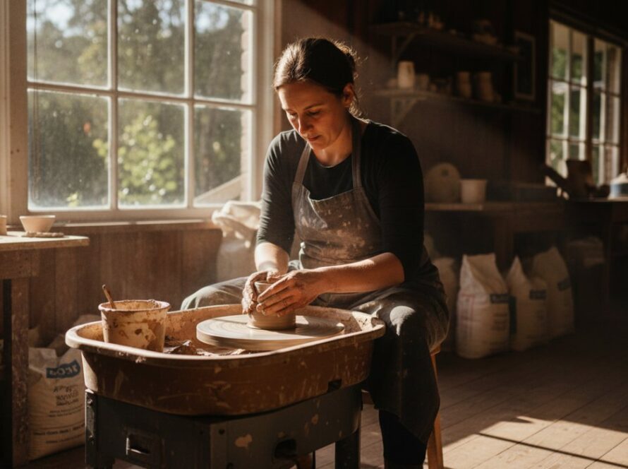 An Olinda bespoke branding photography small businesses hero shot, featuring a local artisan passionately crafting pottery in their studio, sunlight streaming through a window illuminating their focused hands and the textured clay, with lush Dandenong Ranges greenery visible outside, conveying dedication and authenticity.