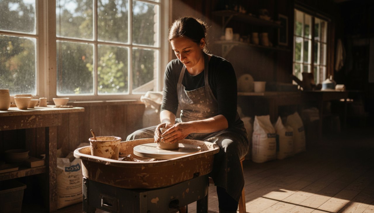 An Olinda bespoke branding photography small businesses hero shot, featuring a local artisan passionately crafting pottery in their studio, sunlight streaming through a window illuminating their focused hands and the textured clay, with lush Dandenong Ranges greenery visible outside, conveying dedication and authenticity.