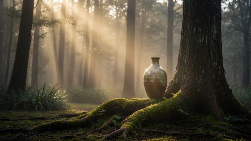 An ethereal shot embodying Olinda bespoke product photography excellence, showcasing a handcrafted ceramic bowl bathed in golden hour light on a mossy, ancient tree root in the Dandenong Ranges, creating an epic, dramatic scene with mist rising.
