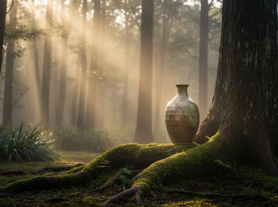 An ethereal shot embodying Olinda bespoke product photography excellence, showcasing a handcrafted ceramic bowl bathed in golden hour light on a mossy, ancient tree root in the Dandenong Ranges, creating an epic, dramatic scene with mist rising.
