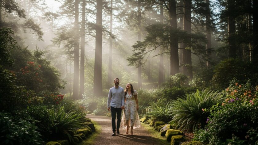 An epic moment of Olinda candid photography capturing genuine Dandenongs moments, featuring a couple laughing spontaneously amidst a sun-dappled forest path in Olinda, Victoria, with towering mountain ash trees and soft light filtering through the canopy, conveying pure joy and natural connection.
